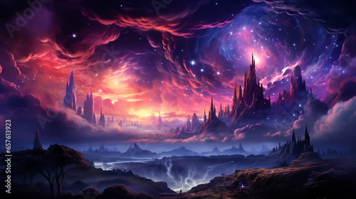 fantasy world palace view of psychedelic smoky clouds and stars, beautiful colorful painting generative ai photo