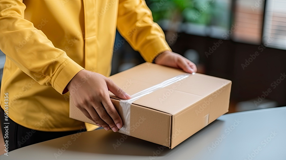 Close up hands giving a packing delivery cardboard box Close up hands giving a packing delivery cardboard box