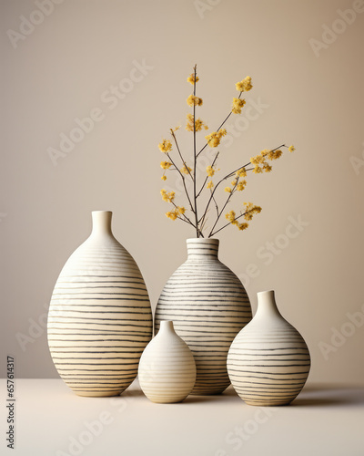Dried flowers in white ceramic vases. Minimalistic interior decoration concept