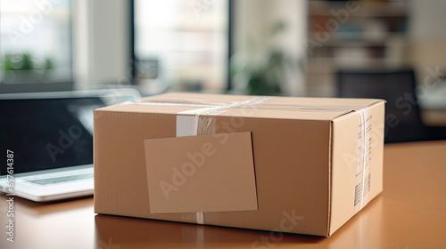 Close up packing cardboard box on a table with copyspace against background