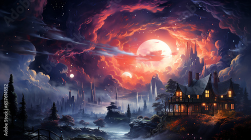 fantasy world palace view of psychedelic smoky clouds and stars  beautiful colorful painting generative ai