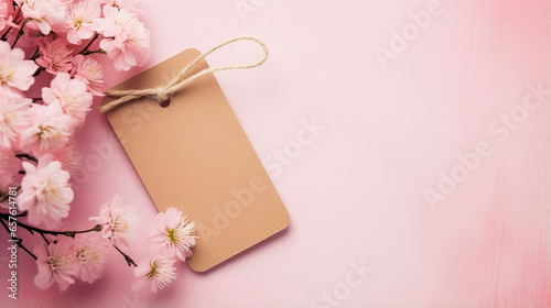 Rectangle blank brown paper card kraft label tag mockup with pink flower background © LightoLife