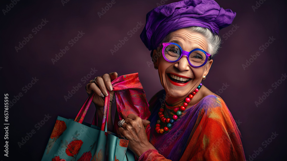 Fototapeta premium Vivacious Lady with Purple Shopping Bag