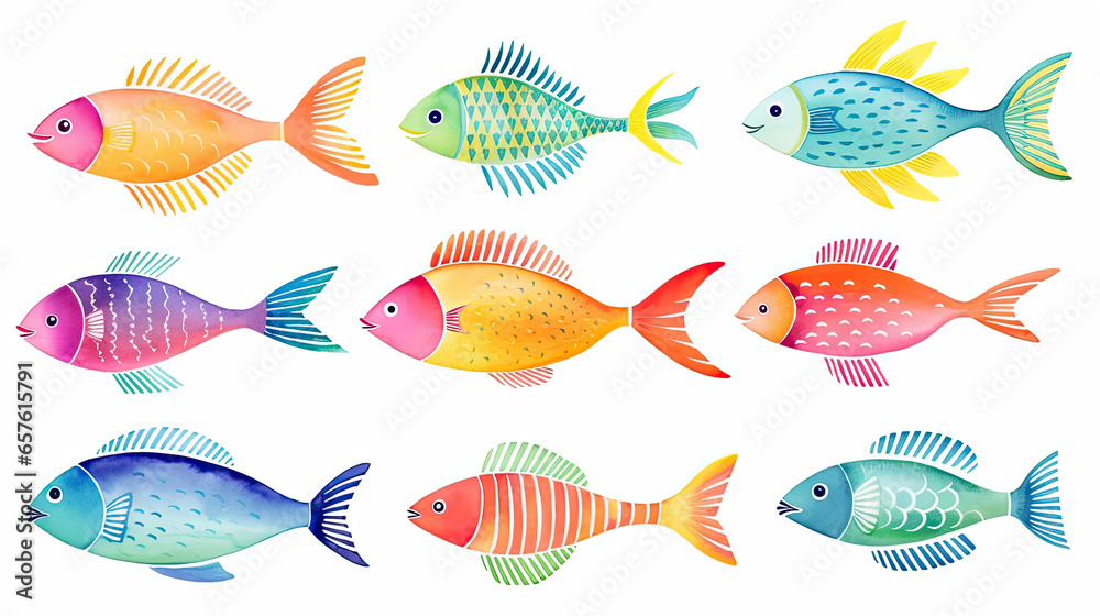 Set of Watercolor Red Orange Yellow Turquoise Fish illustration on white background