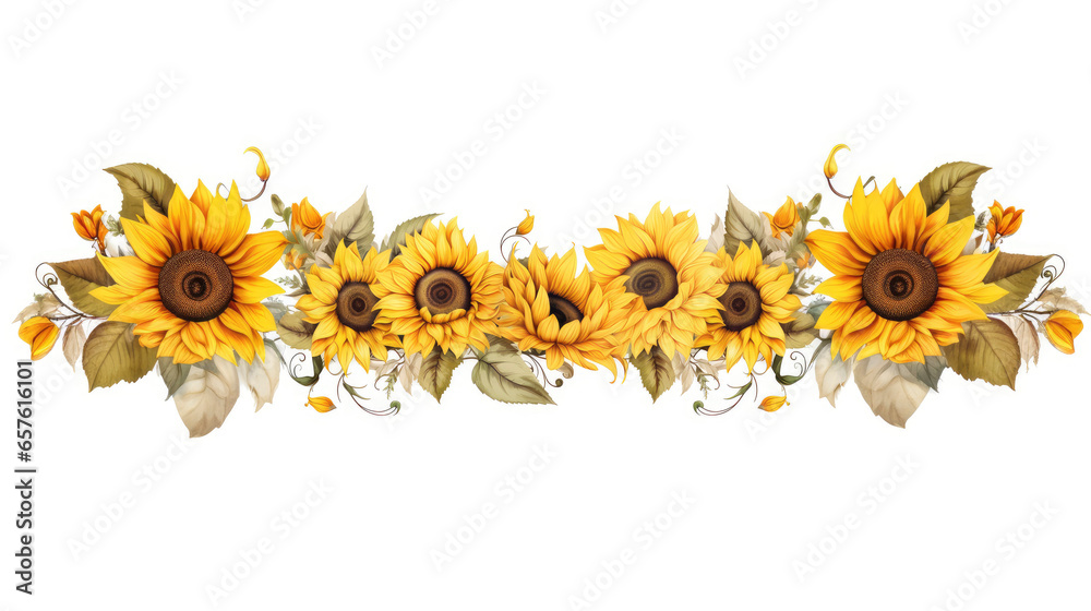 Sunflower border illustration in a hand drawn style on a white background Sunflower border illustration in a hand drawn style on a white background