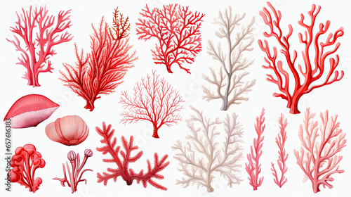 Fototapeta Naklejka Na Ścianę i Meble -  Watercolor Red Coral collection on white background