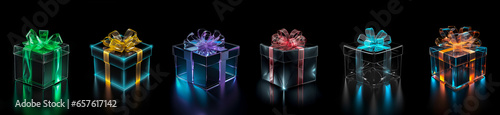 Glowing gifts of different colors on black background. Banner © Наталья Зюбр
