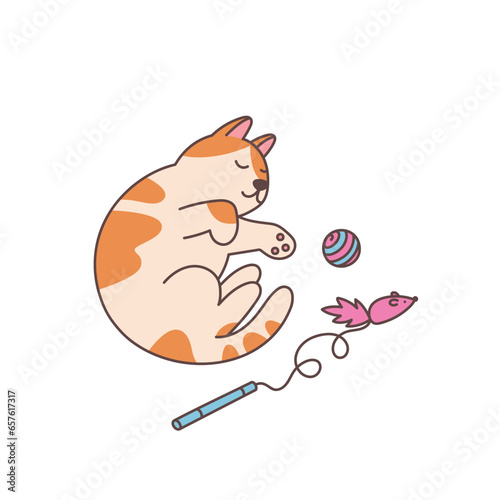 Сat with red spots has had enough of playing with toys and is resting. Cute kitty. Funny adorable animal. Graphic vector illustration isolated on white background