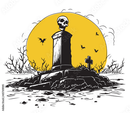 Grave retro and skull sketch hand drawn Vector