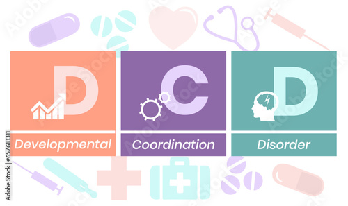 DCD - Developmental Coordination Disorder acronym. medical concept background. vector illustration concept with keywords and icons. lettering illustration with icons for web banner, flyer