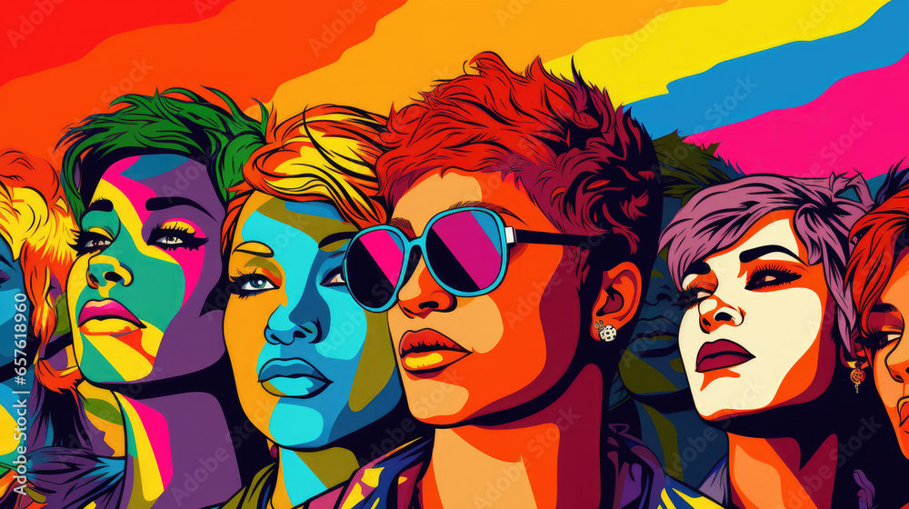 Pride Day Celebration: Bright and colorful art that shows different groups and LGBT people in different colors and bold designs. Pride Day Celebration: Bright and colorful art that shows different groups and LGBT people in different colors and bold designs.