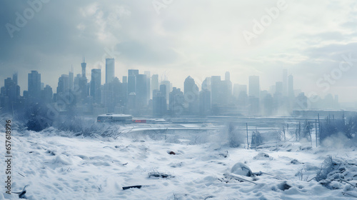 Fototapeta Naklejka Na Ścianę i Meble -  Snow-covered city skyline with skyscrapers in winter