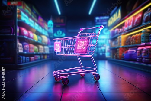 Neon lights sale. Online shopping wonderland. Cart of convenience. Exploring modern market. Glowing deals await. Shop in style. Bringing store photo