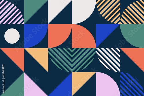 Minimalist geometric abstract background with simple shapes and figures. Colorful mosaic pattern design in Scandinavian style. Contemporary vector print. Trendy geometry collage