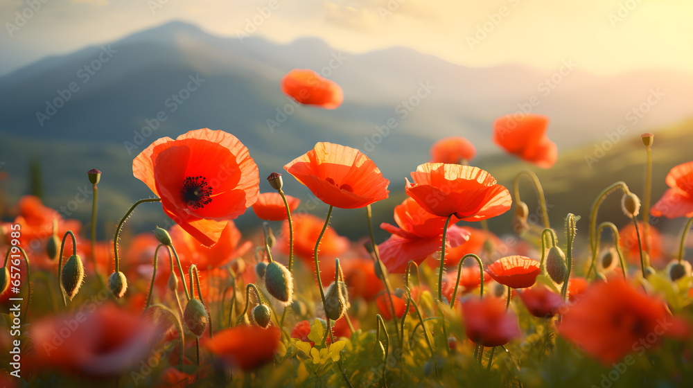 Obraz premium Field of blossoming poppy flowers in the mountains. AI generated image.