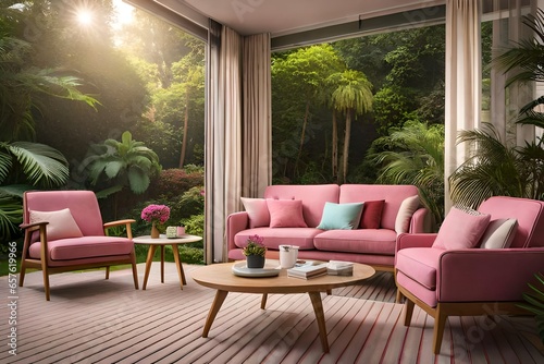 sitting area near the garden with beautiful light pink sofa generated by AI