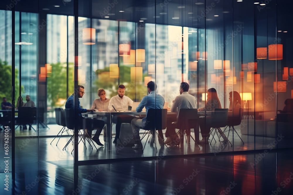 Blurred business people meeting in modern office building conference room, Generative AI Blurred business people meeting in modern office building conference room, Generative AI