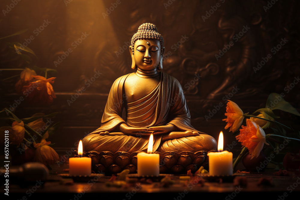 Fototapeta premium Statue of Buddha in temple with lotus and candles
