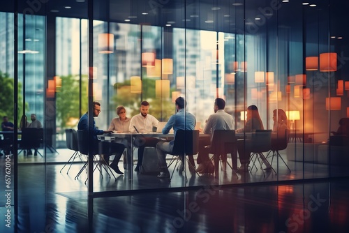 Blurred business people meeting in modern office building conference room, Generative AI © ekhtiar