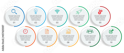Business Infographic Template Design. Timeline with 10 marketing steps, options and icons. Vector linear infographic with ten connected elements. Can be used for presentations in your business.