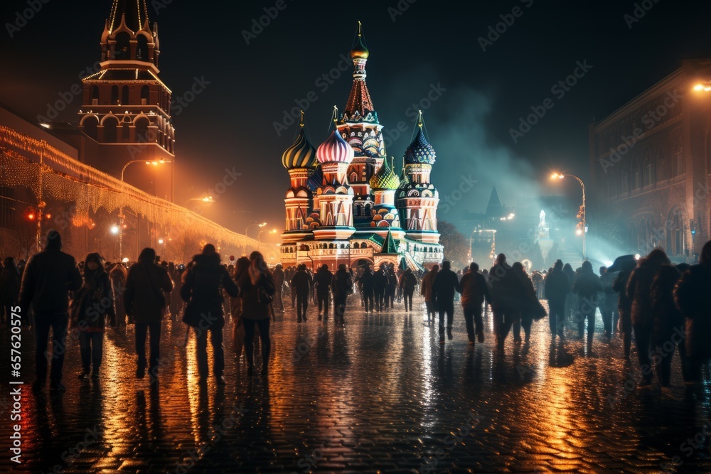 Historic Red Square in Moscow during a cultural event or festival, Generative AI - obrazy, fototapety, plakaty 
