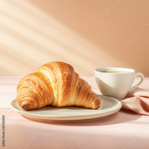 Cup of coffee and fresh croissant. Perfect breacfast in the morning. photo