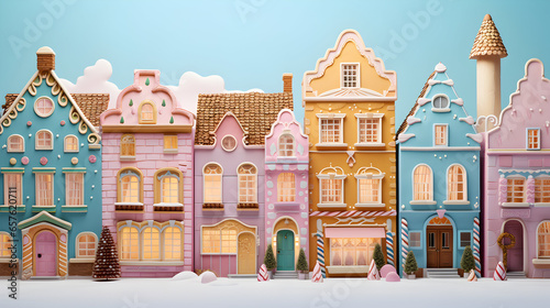 Gingerbread houses. Christmas fairy village landscape. AI generated image