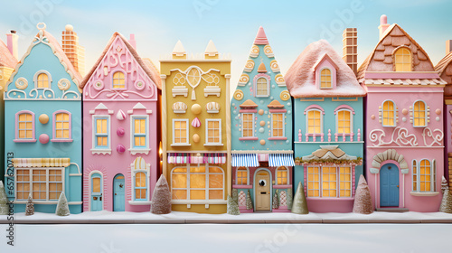 Gingerbread houses. Christmas fairy village landscape. AI generated image