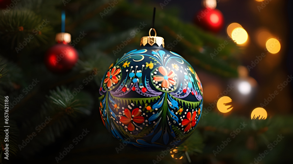 Christmas tree ball with folk ornament. AI generated image.