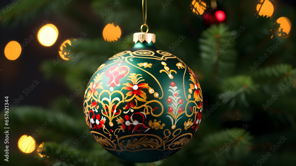 Christmas tree ball with folk ornament. AI generated image. Christmas tree ball with folk ornament. AI generated image.