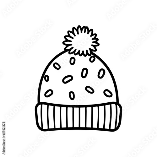 Children's hat warm winter clothes. warm knitted hat with ponpon pompom with scandinavian pattern winter doodles isolated on white background drawn by line winter sticker photo