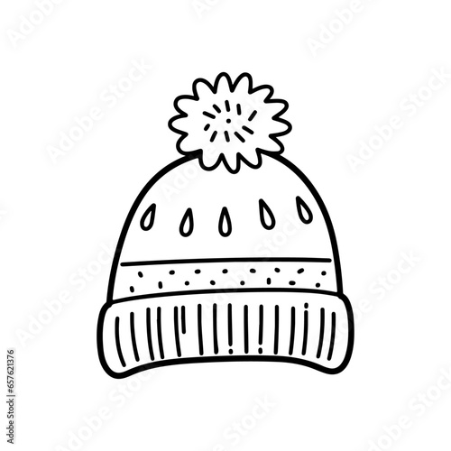 Children's hat warm winter clothes. warm knitted hat with ponpon pompom with scandinavian pattern winter doodles isolated on white background drawn by line. antistress coloring. 