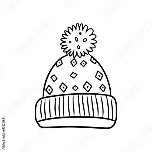Children's hat warm winter clothes. warm knitted hat with ponpon pompom with scandinavian pattern winter doodles isolated on white background drawn by line winter sticker