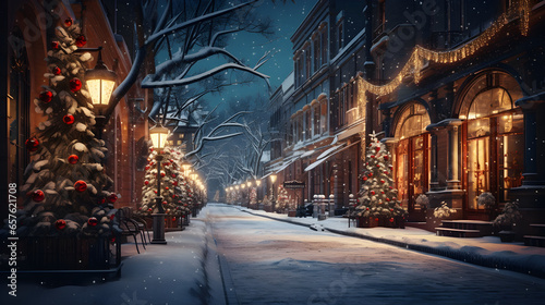 Empty street decorated for Christmas. Winter wonderland. AI generated image
