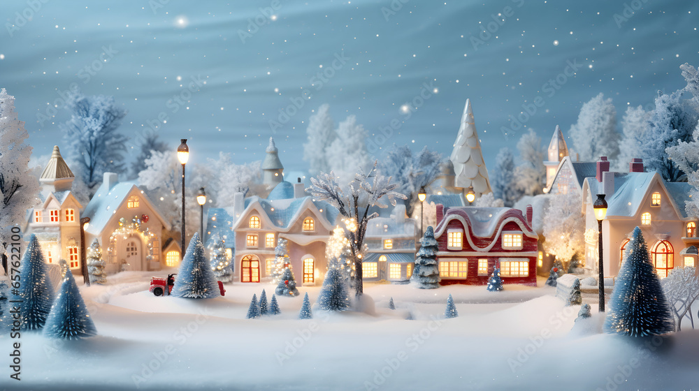 Fototapeta premium Christmas winter fairy village landscape. AI generated image