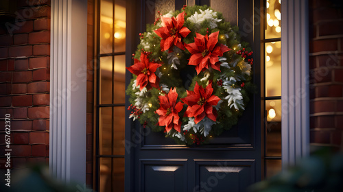 Christmas spruce and poinsettia wreath on the door. AI generated image.