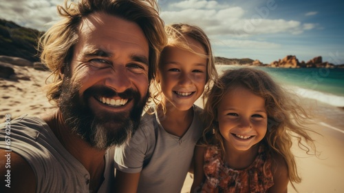 Excited family taking a group selfie on the shore