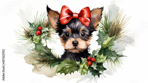 stockphoto, animal puppy in christmas wreath watercolor isolated on white background. Beautiful Christmas design for postcard or invitation. Cute sweet dog. Cute puppy.