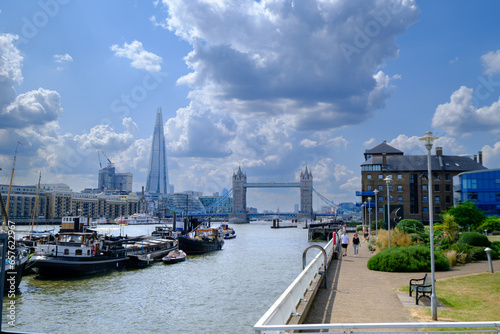River Thames view from Waterside Gardens, London, with the Tower Bridge and the Shard building in the distance. photo