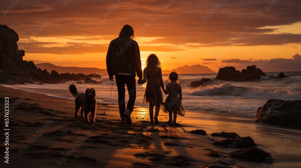 Loving family cuddling and watching the sunset on the beach Loving family cuddling and watching the sunset on the beach