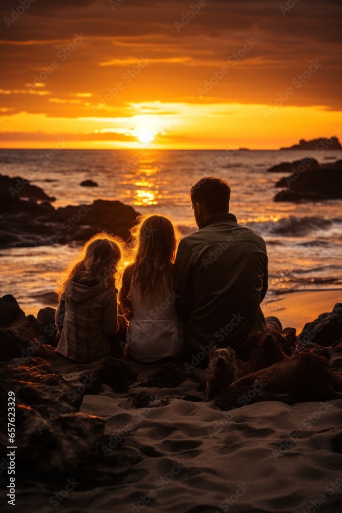 Loving family cuddling and watching the sunset on the beach
