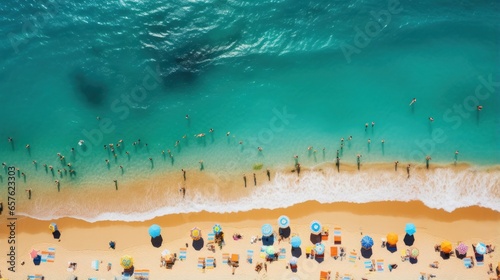 Fototapeta Naklejka Na Ścianę i Meble -  Aerial shot of a crowded beach with swimmers enjoying the waves
