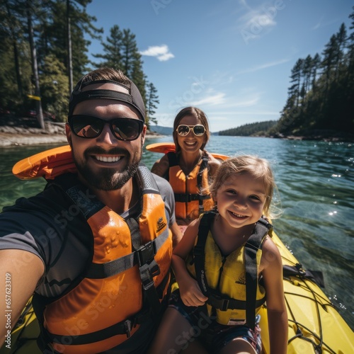 Adventurous family kayaking and exploring the coastline