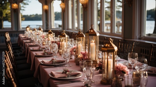 Elegant reception tables decorated with pink and gold accents