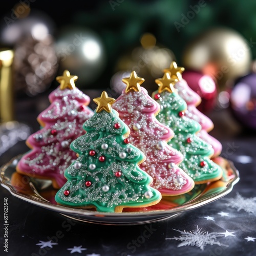 Colorful sugar cookies shaped like Christmas trees and reindeer
