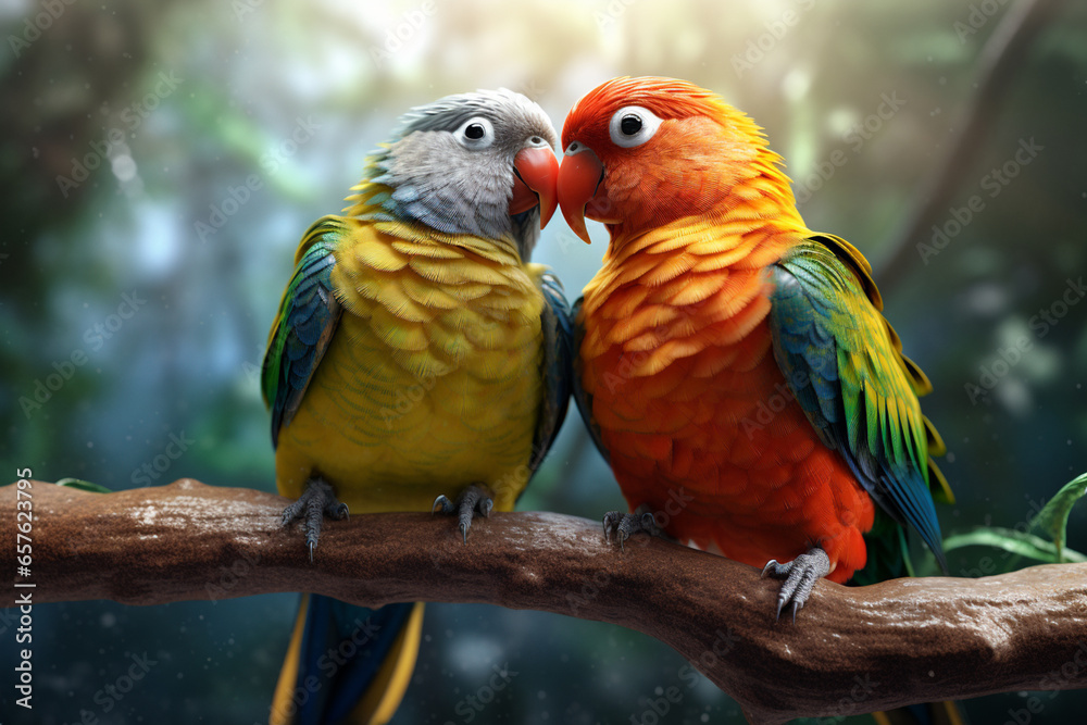 A pair of lovebirds perched side by side, symbolizing the affection and strong bond between these small parrot species and their owners. 