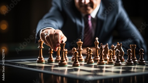 A photograph featuring a businessman strategically moving a chess piece on a board game