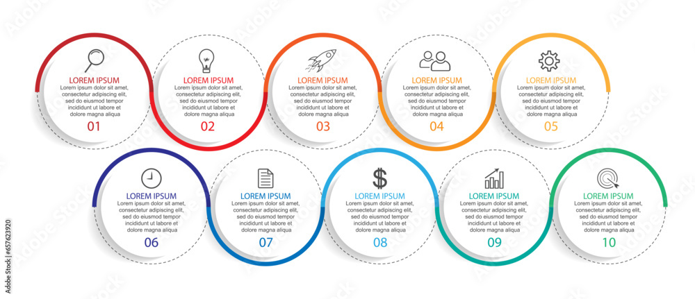 Business Infographic Template Design. Timeline with 10 marketing steps, options and icons. Vector linear infographic with ten connected elements. Can be used for presentations in your business. Business Infographic Template Design. Timeline with 10 marketing steps, options and icons. Vector linear infographic with ten connected elements. Can be used for presentations in your business.