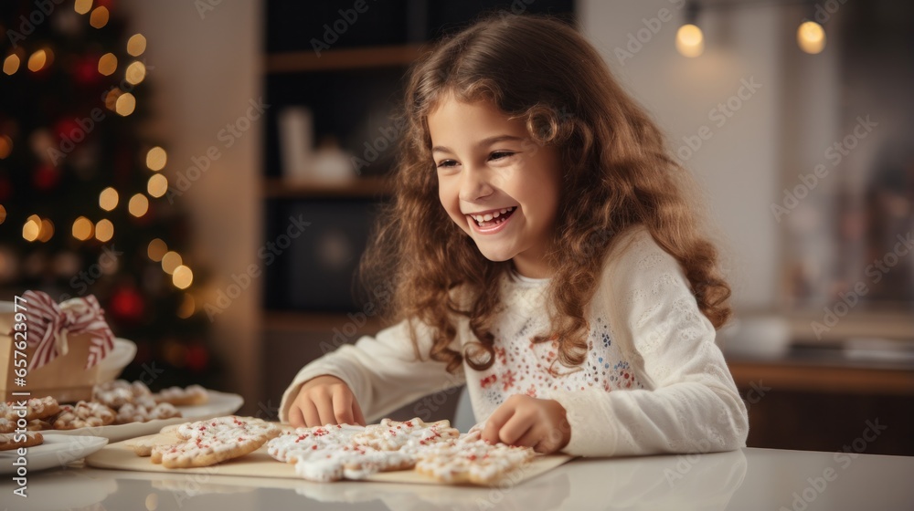 Cute little girl excitedly decorating snowman cookies with frosting