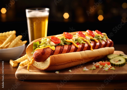 Hot dog with sauce and vegetables and glass of beer on wooden table.Macro.AI generative